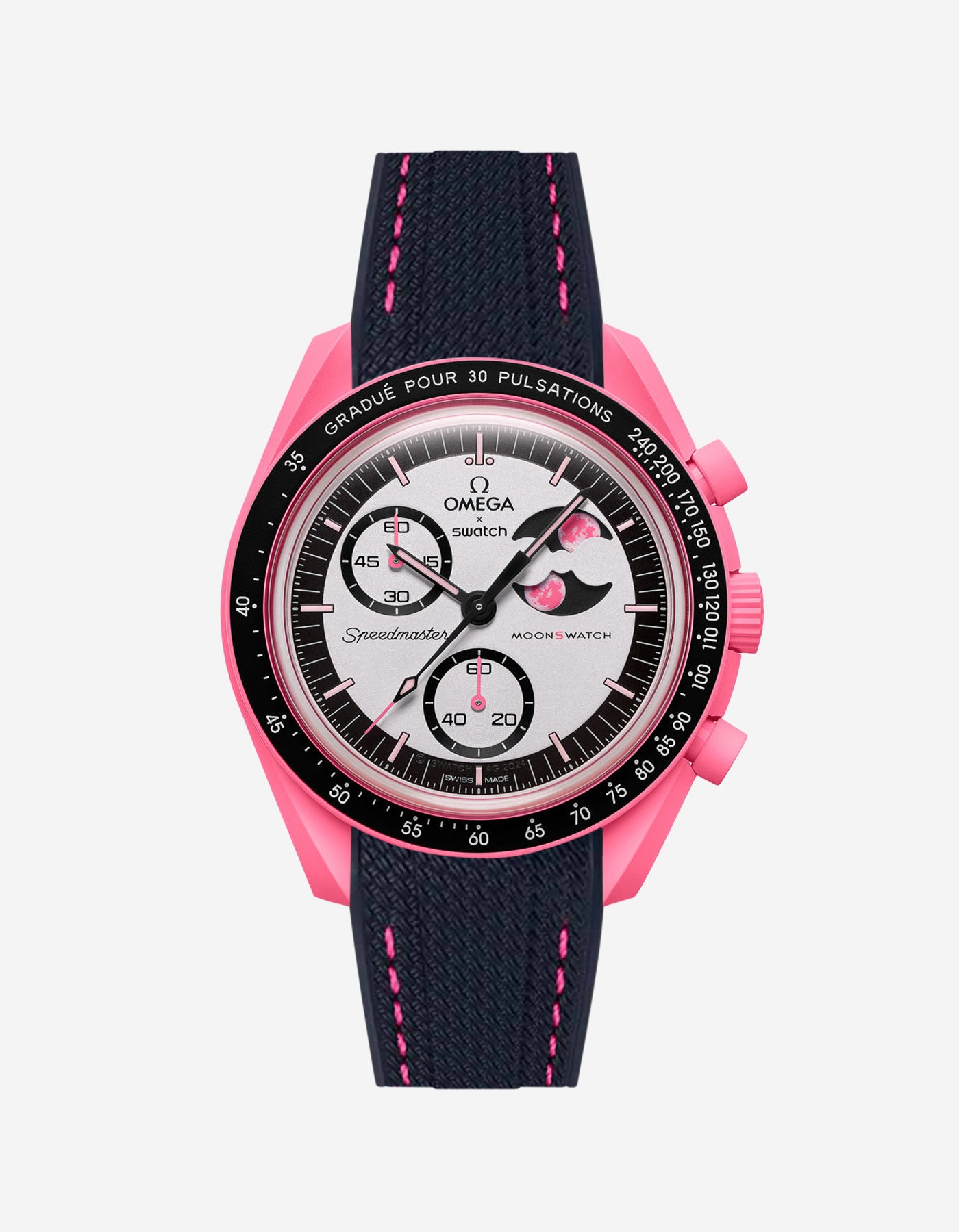 Watch with pink stitches and black strap on a white background