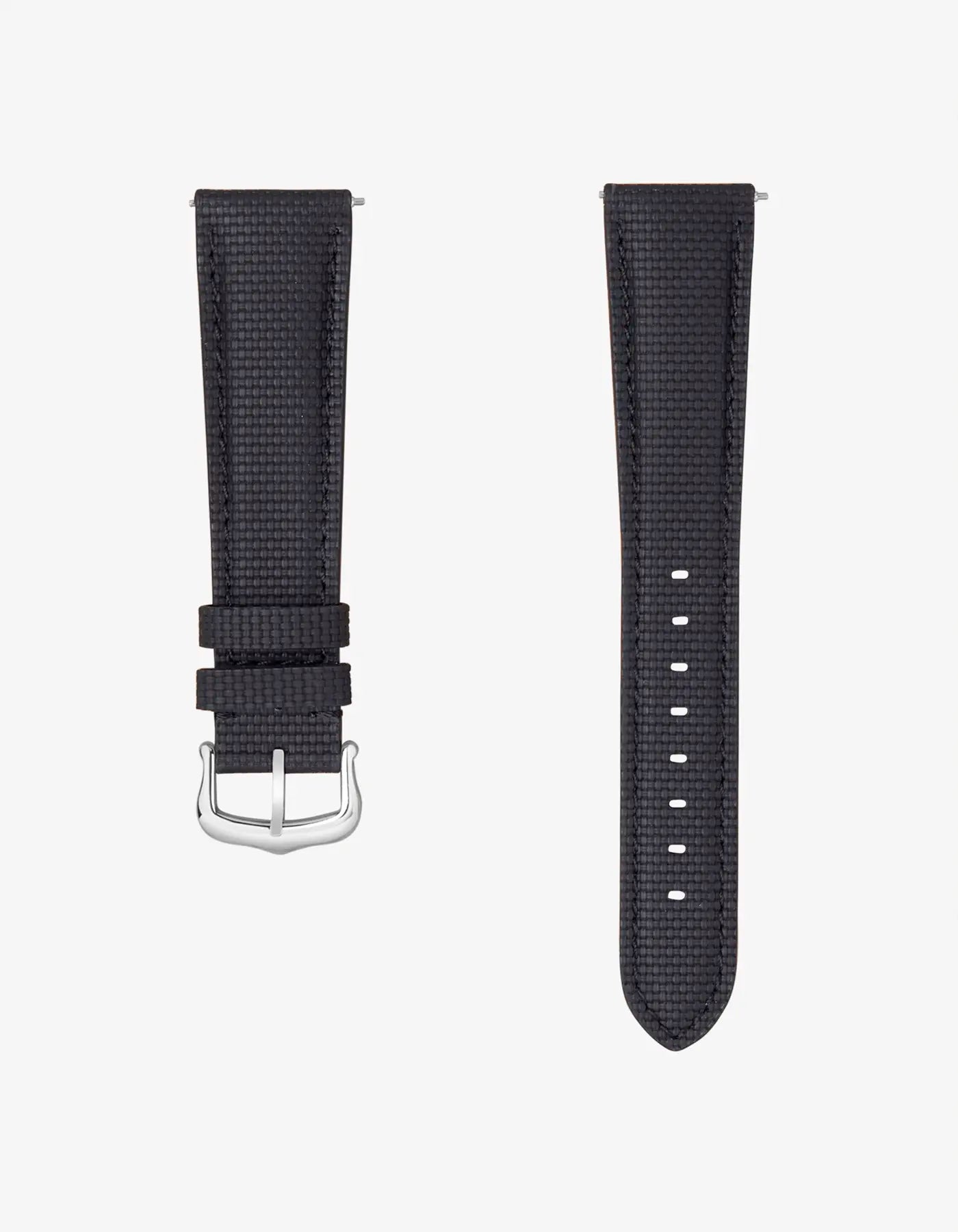 Black rubberised sailcloth leather watch strap – flat lay with quick-release buckle for 19mm or 20mm lugs