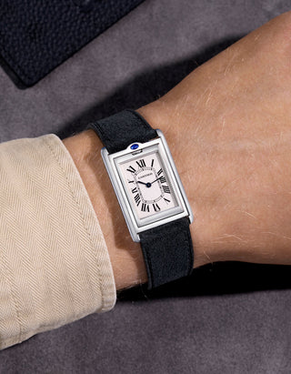 black suede leather watch strap on a cartier steel watch. Handmade in italy in lug width 17mm to 21mm