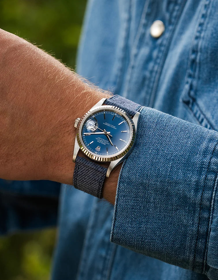 Blue Denim Watch Strap on Rolex Datejust – wrist shot with blue dial and denim shirt