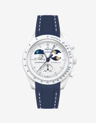 Blue and white rubber strap on Moonswatch Moonshine Gold Cold Moon