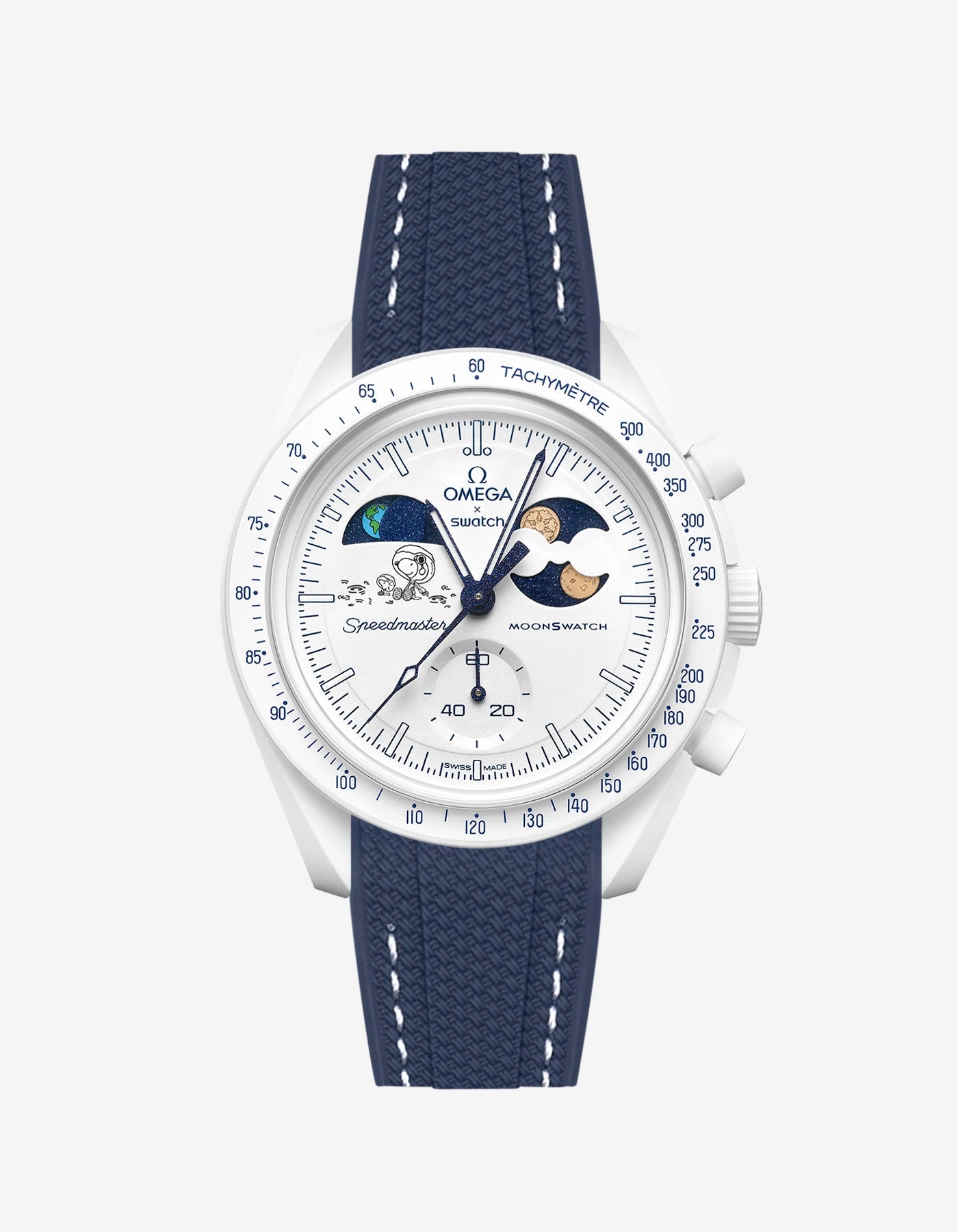 Blue and white rubber strap on Moonswatch Moonshine Gold Cold Moon