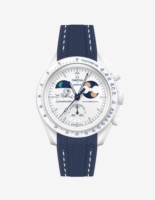 Blue and white rubber strap on Moonswatch Moonshine Gold Cold Moon