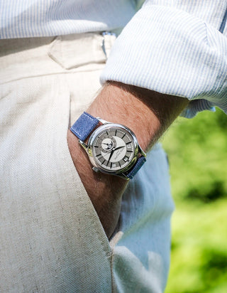 Light Blue Denim Watch Strap 20mm with white stitching on a Patek Philippe outside
