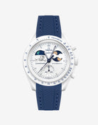 Navy Blue Rubber Strap on Omega x Swatch MoonSwatch Mission To Earthphase - Moonshine Gold Cold Moon