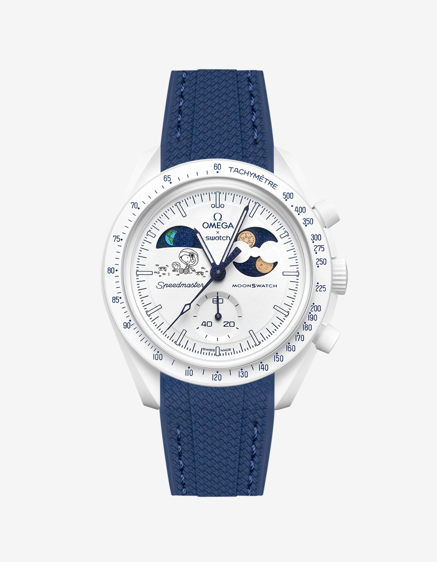 Navy Blue Rubber Strap on Omega x Swatch MoonSwatch Mission To Earthphase - Moonshine Gold Cold Moon