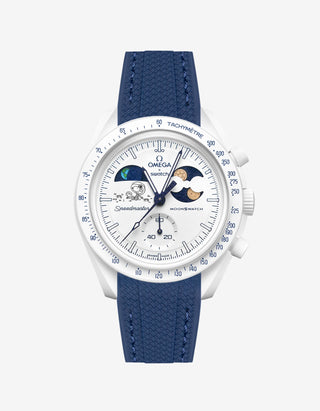 Navy Blue Rubber Strap on Omega x Swatch MoonSwatch Mission To Earthphase - Moonshine Gold Cold Moon