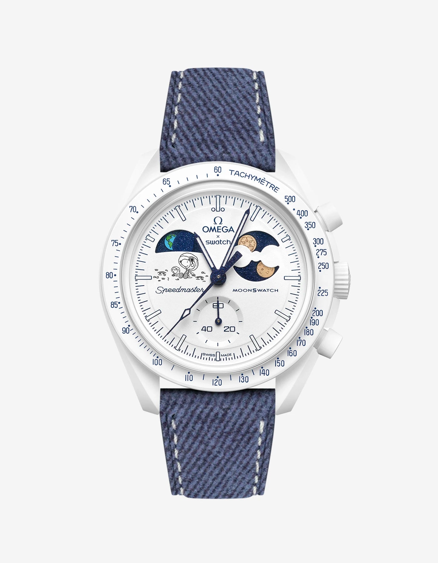 Blue and white denim Leather Strap on Omega x Swatch MoonSwatch Mission To Earthphase - Moonshine Gold Cold Moon