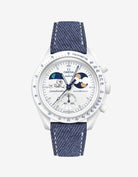 Blue and white denim Leather Strap on Omega x Swatch MoonSwatch Mission To Earthphase - Moonshine Gold Cold Moon