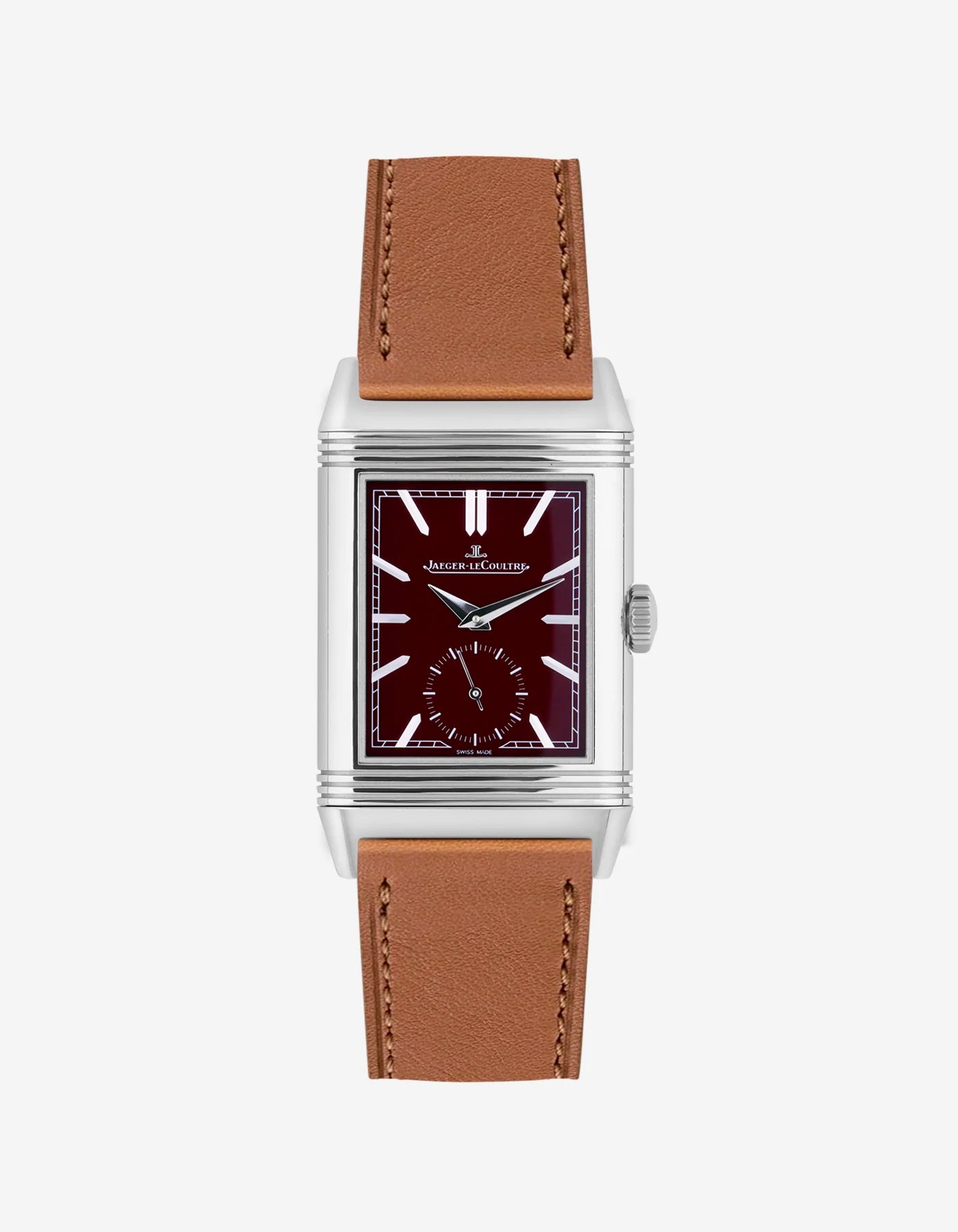 Brown cowhide leather strap mounted on Jaeger LeCoultre Reverso watch 20mm, front-facing on-watch product image