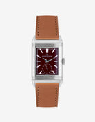 Brown cowhide leather strap mounted on Jaeger LeCoultre Reverso watch 20mm, front-facing on-watch product image