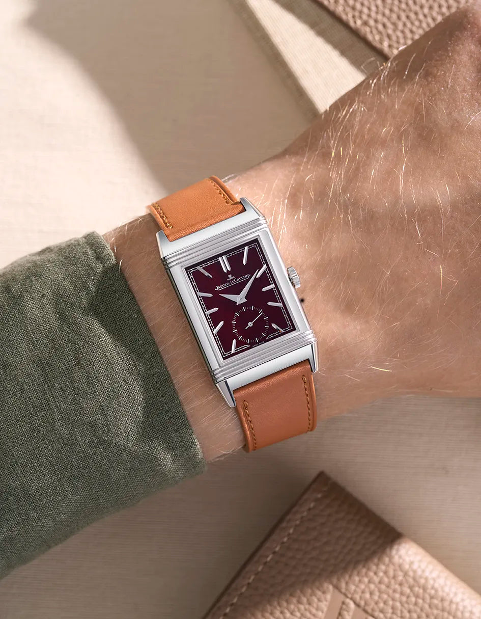 Brown cowhide leather strap for Jaeger LeCoultre Reverso 20mm shown on wrist
