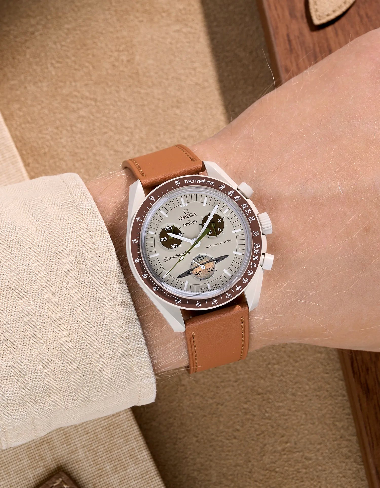 Brown Cowhide leather strap on Omega X Swatch MoonSwatch Mission to Saturn – wrist shot