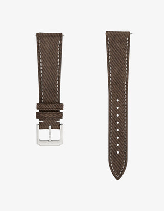 Brown Denim Watch Strap 20mm flat lay – silver buckle and warm fabric texture