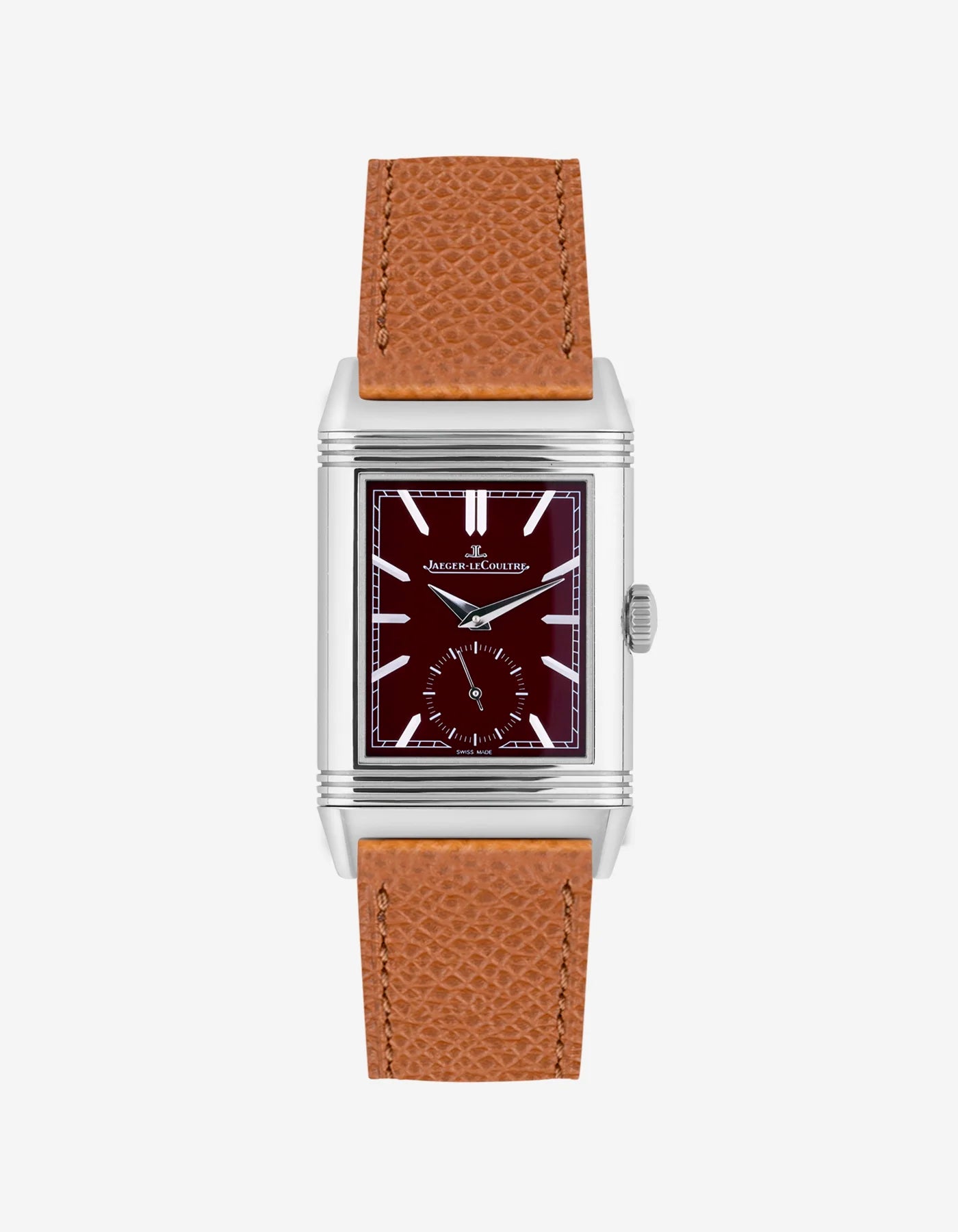 Brown Epsom leather strap mounted on Jaeger LeCoultre Reverso watch 20mm, front-facing on-watch product image