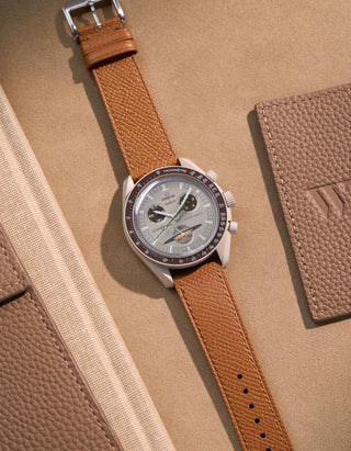 Flat lay of Brown Epsom leather strap for Omega x Swatch MoonSwatch Saturn