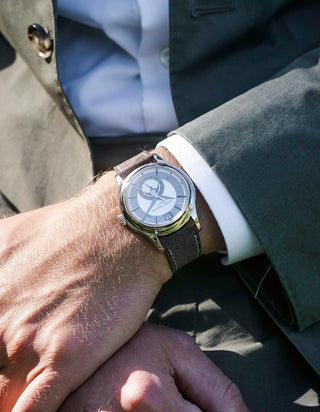 Brown denim strap on Patek Philippe – showcased in our adjustable size series.