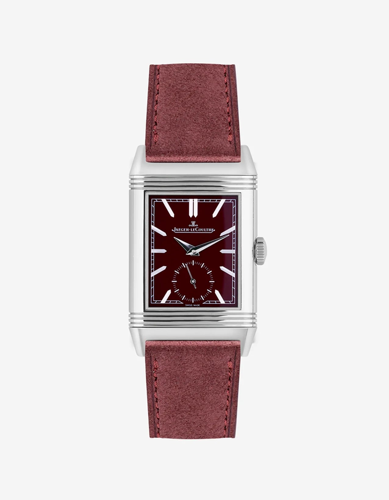 Burgundy suede leather strap mounted on Jaeger LeCoultre Reverso watch 20mm, front-facing on-watch product image