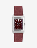 Burgundy suede leather strap mounted on Jaeger LeCoultre Reverso watch 20mm, front-facing on-watch product image