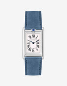 Cartier Tank Basculante with Baltic Blue suede strap mounted