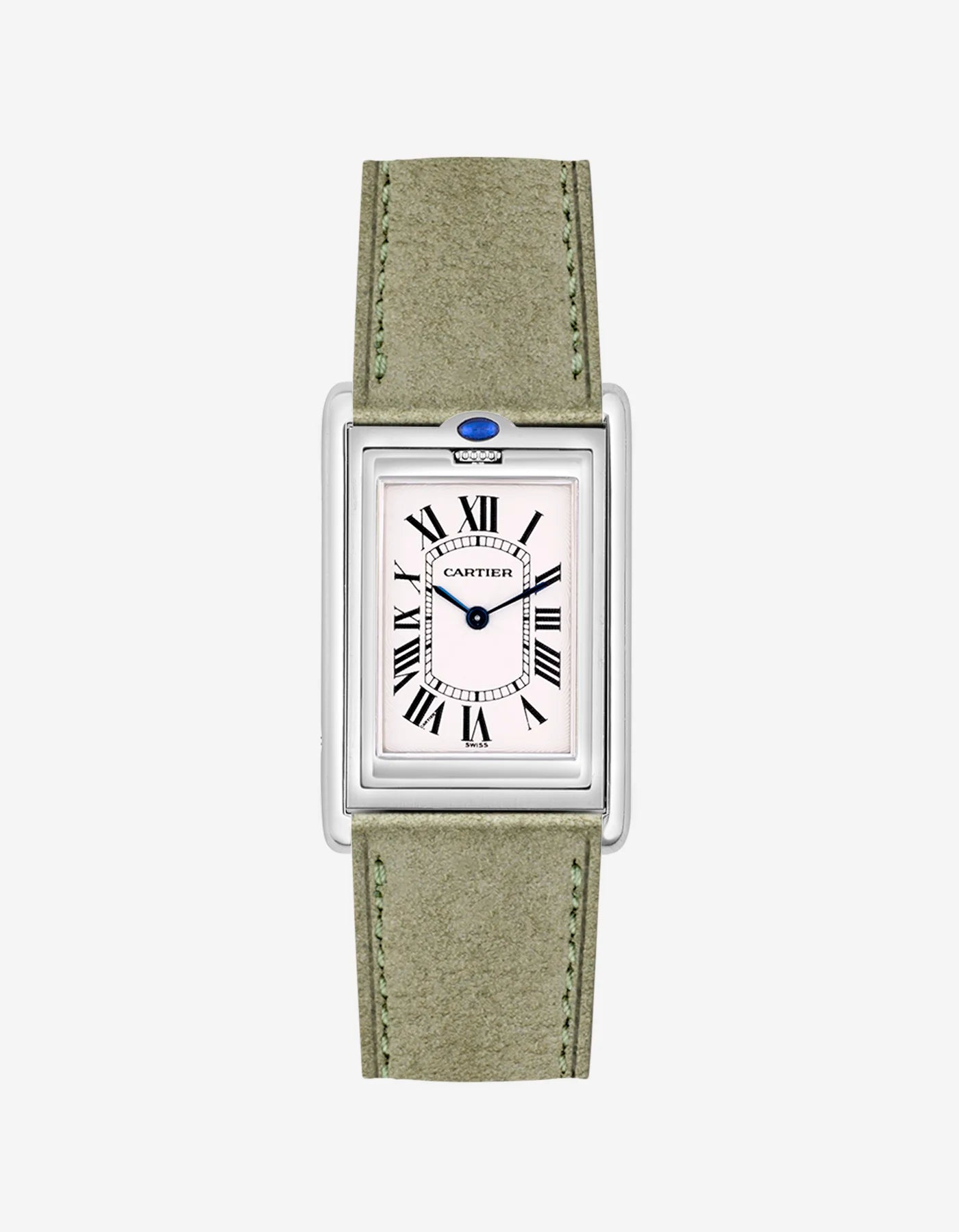 Cartier Tank Basculante with Herb Green suede strap mounted