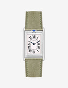 Cartier Tank Basculante with Herb Green suede strap mounted