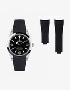 FKM rubber strap integrated with original clasp for Rolex Explorer 214270 – shown mounted and beside the watch