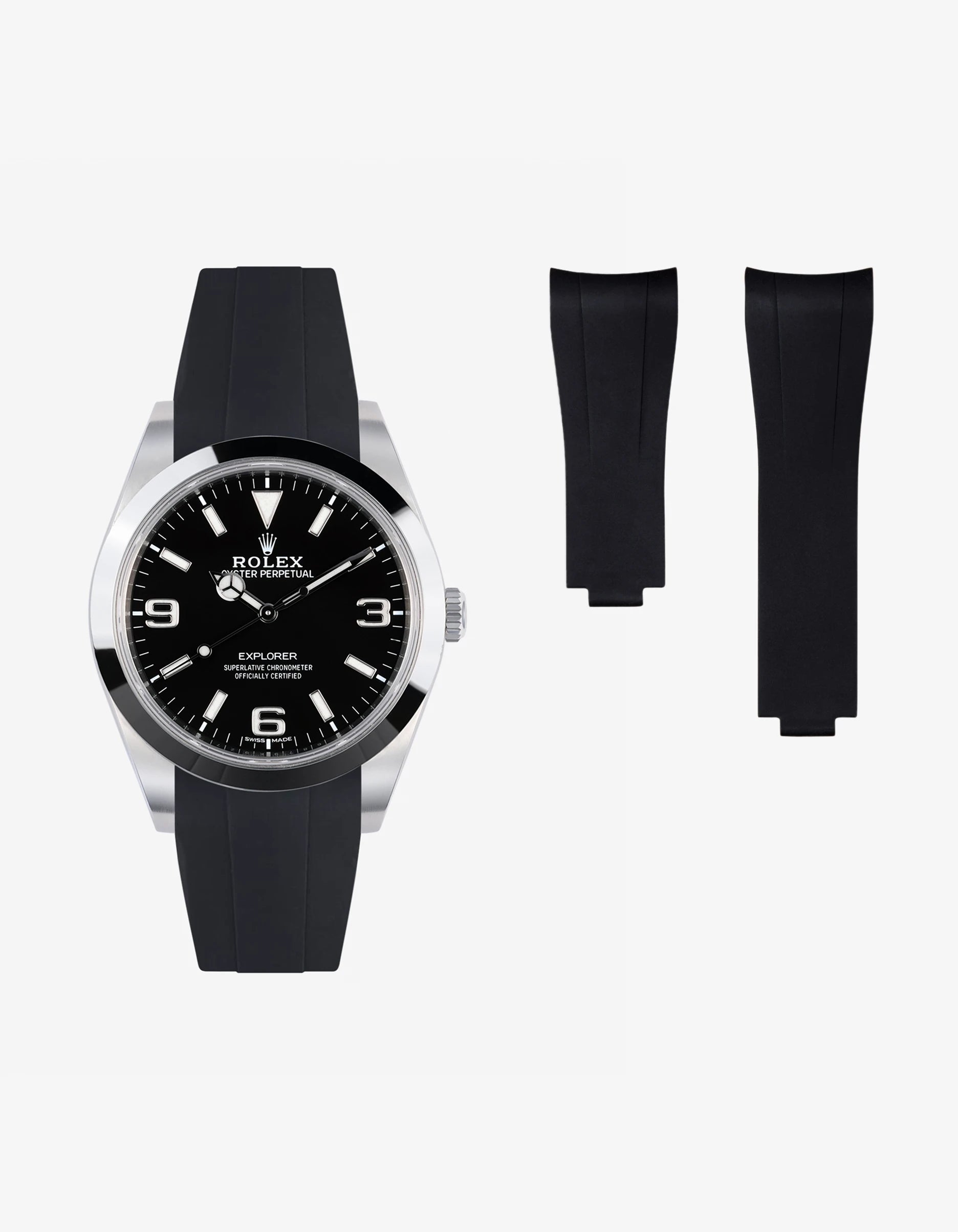 FKM rubber strap integrated with original clasp for Rolex Explorer 214270 – shown mounted and beside the watch