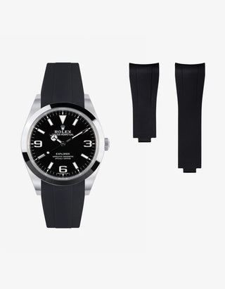 FKM rubber strap integrated with original clasp for Rolex Explorer 214270 – shown mounted and beside the watch