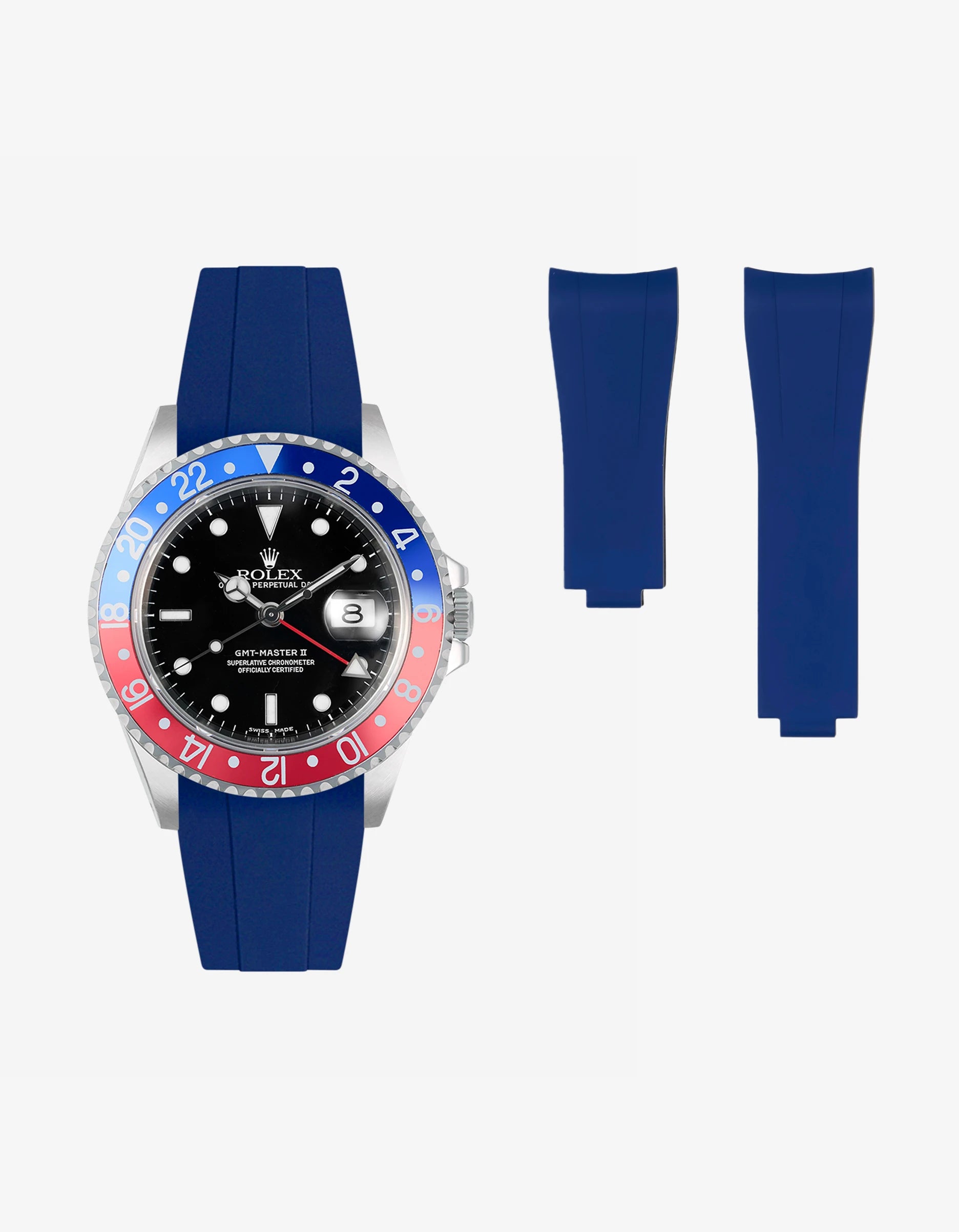 FKM rubber strap integrated with original Rolex clasp, displayed with and beside Rolex GMT-Master II 16710 and 16713 Pepsi bezel
