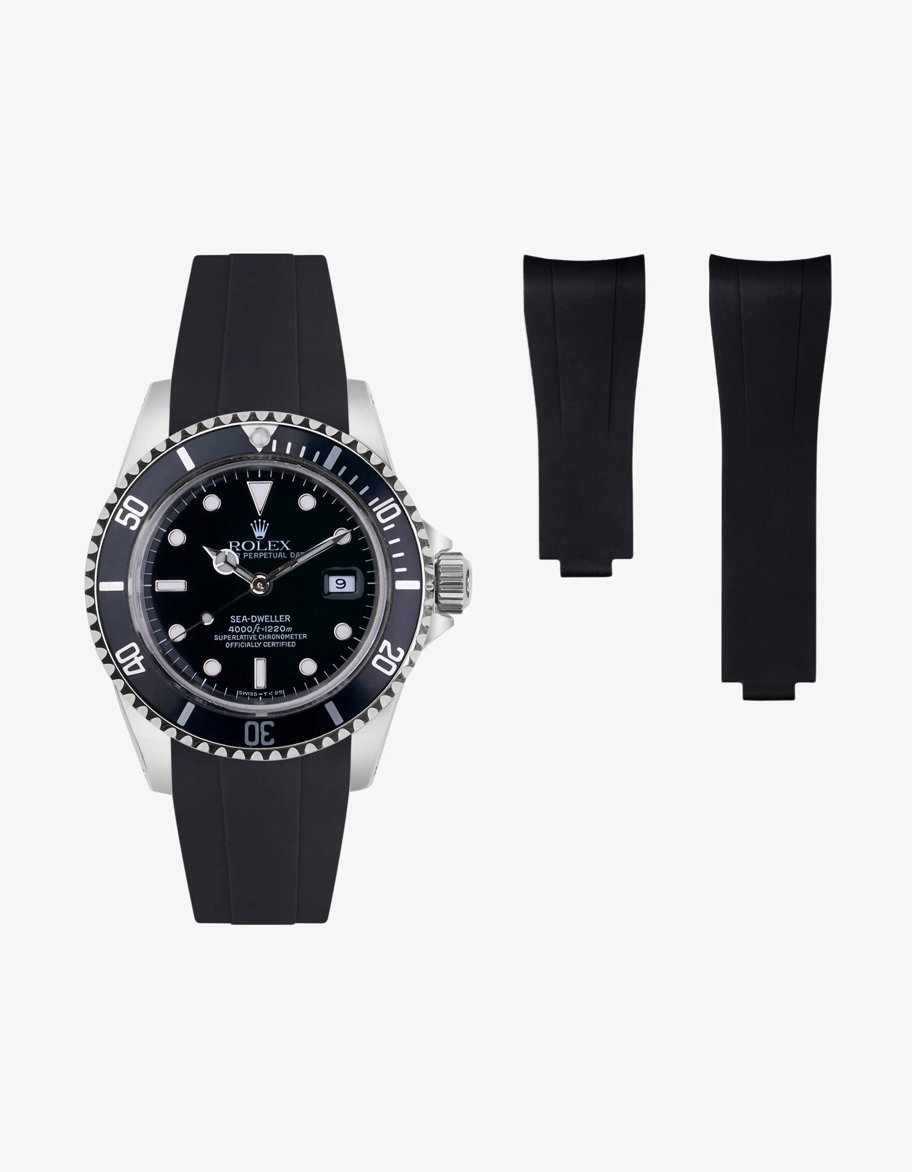 FKM rubber strap integrated with original clasp for Rolex Sea Dweller 16600 – shown mounted and beside the watch