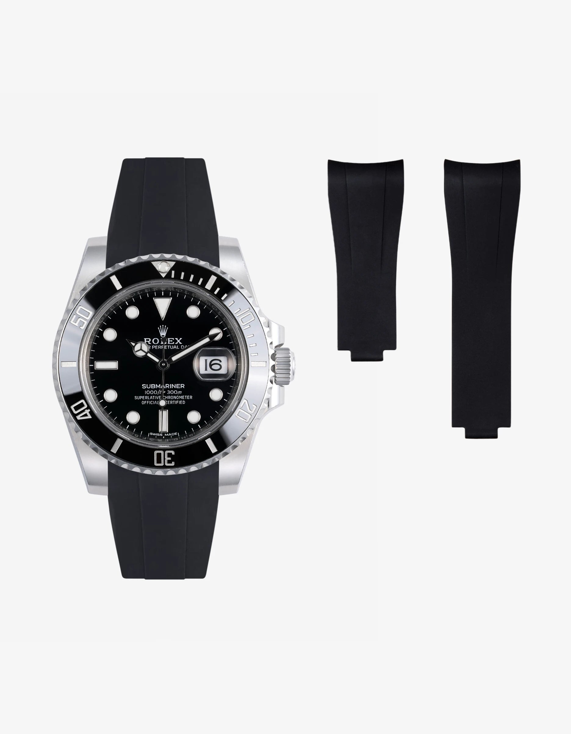 FKM rubber strap integrated with original clasp for Rolex Submariner 116610LN and 114060LN – product image showing curved end design and stainless steel clasp compatibility