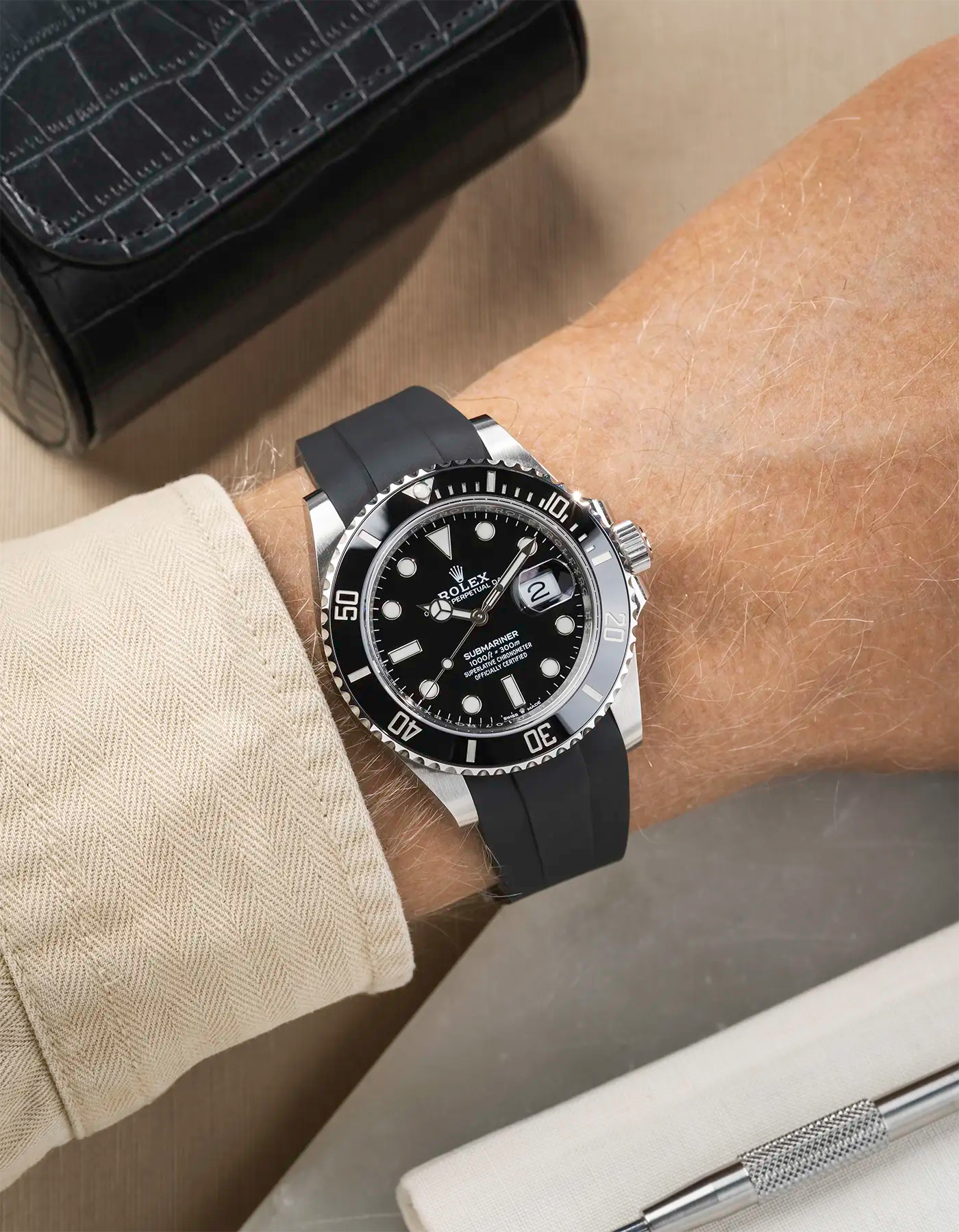 Classic Smooth FKM Rubber Strap Black for Rolex Submariner 41 126610LN Integrated with Original Clasp – Wrist shot