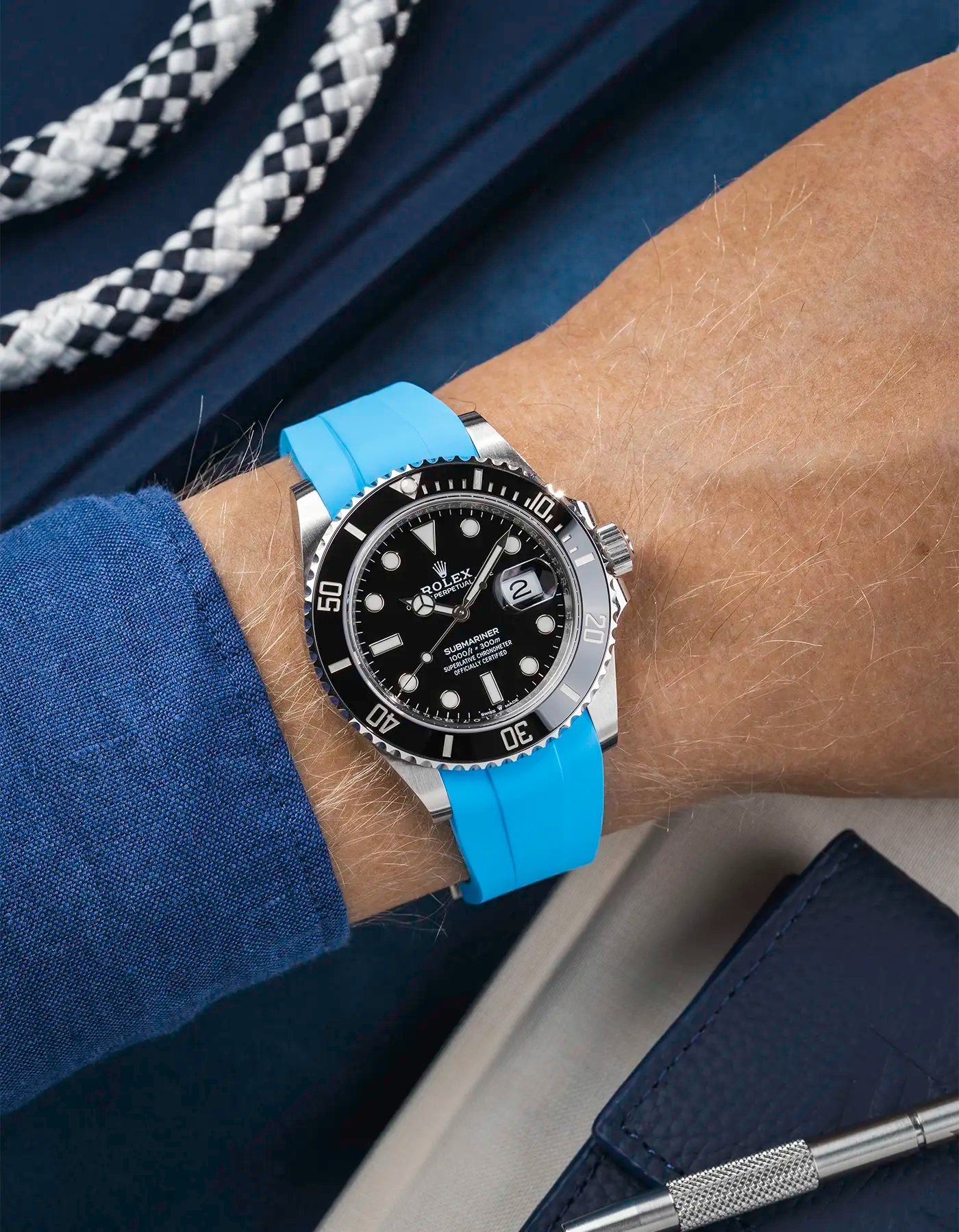 Classic Smooth FKM Rubber Strap Capri Blue for Rolex Submariner 41 126610LN Black Bezel Integrated with Original Clasp – Wrist shot