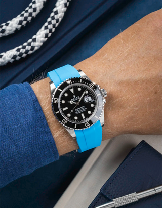 Classic Smooth FKM Rubber Strap Capri Blue for Rolex Submariner 41 126610LN Black Bezel Integrated with Original Clasp – Wrist shot