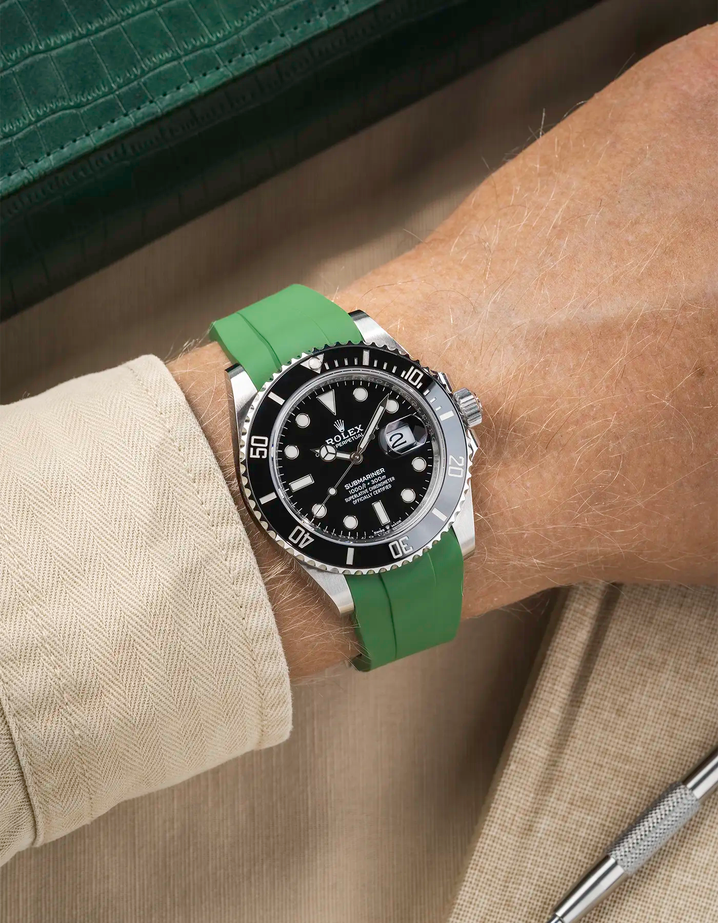 Classic Smooth FKM Rubber Strap Green for Rolex Submariner 41 126610LN Black Bezel Integrated with Original Clasp – Wrist shot