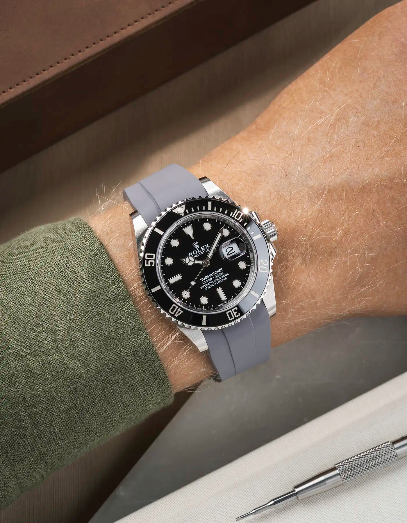 Classic Smooth FKM Rubber Strap Grey for Rolex Submariner 41 126610LN Black Bezel Integrated with Original Clasp – Wrist shot