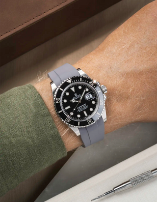 Classic Smooth FKM Rubber Strap Grey for Rolex Submariner 41 126610LN Black Bezel Integrated with Original Clasp – Wrist shot