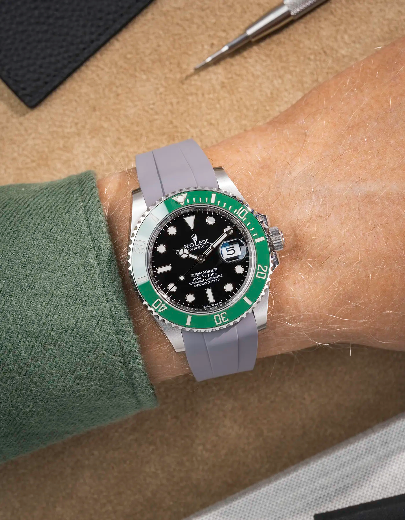 Classic Smooth FKM Rubber Strap Grey for Rolex Submariner 41 126610LV Green Bezel Integrated with Original Clasp – Wrist shot