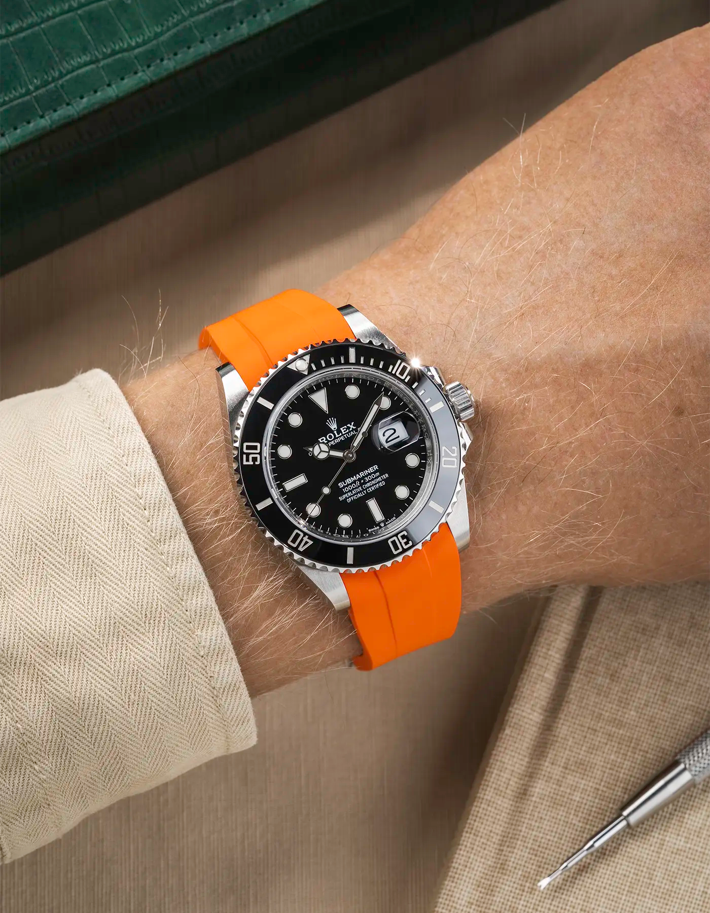 Classic Smooth FKM Rubber Strap Orange for Rolex Submariner 41 126610LN Black Bezel Integrated with Original Clasp – Wrist shot