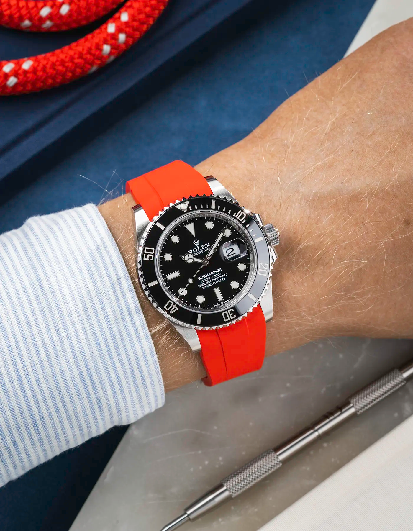 Classic Smooth FKM Rubber Strap Red for Rolex Submariner 41 126610LN Black Bezel Integrated with Original Clasp – Wrist shot