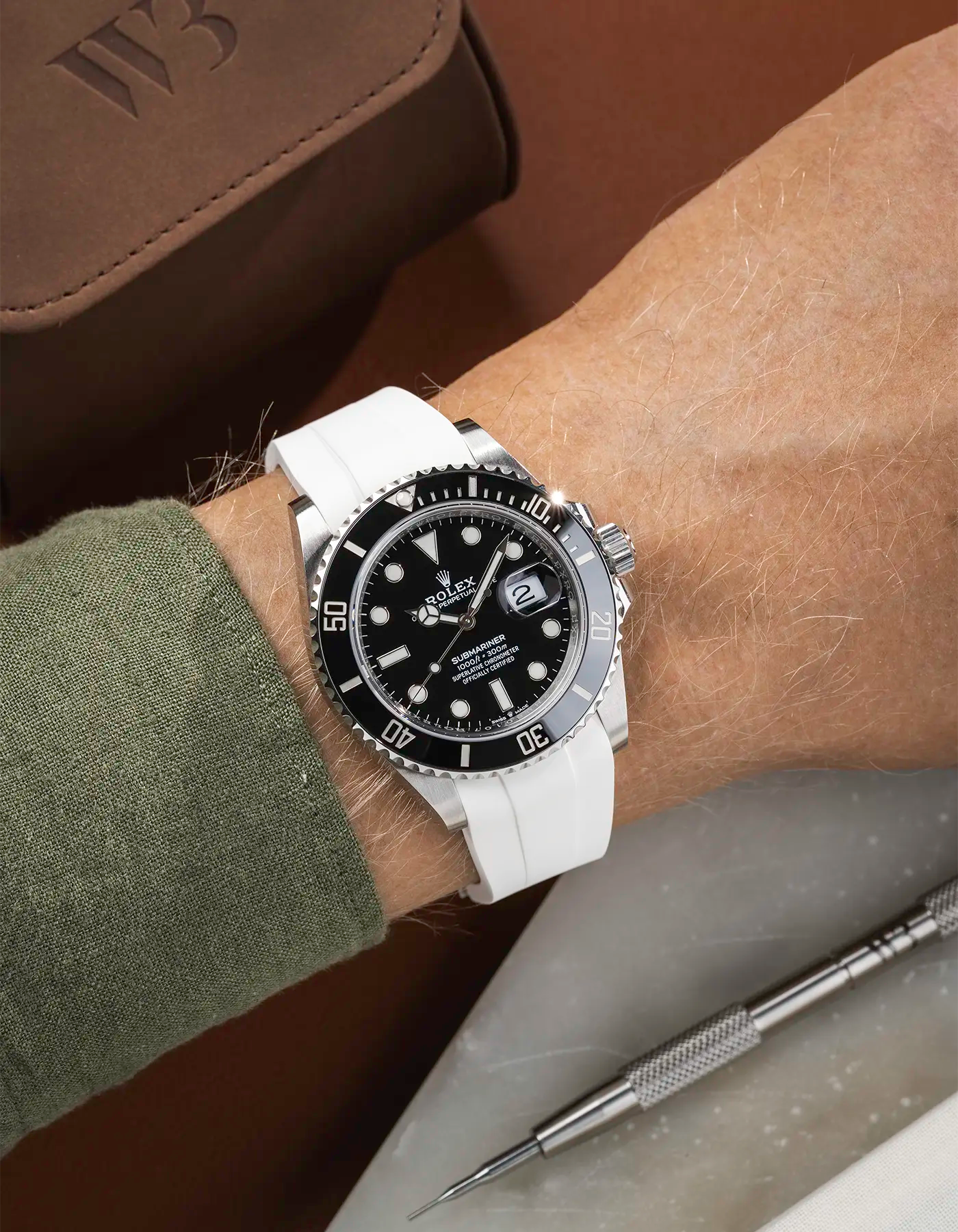 Classic Smooth FKM Rubber Strap White for Rolex Submariner 41 126610LN Black Bezel Integrated with Original Clasp – Wrist shot
