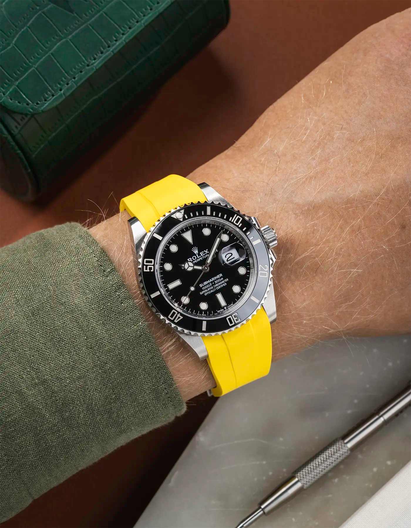 Classic Smooth FKM Rubber Strap Yellow for Rolex Submariner 41 126610LN Black Bezel Integrated with Original Clasp – Wrist shot