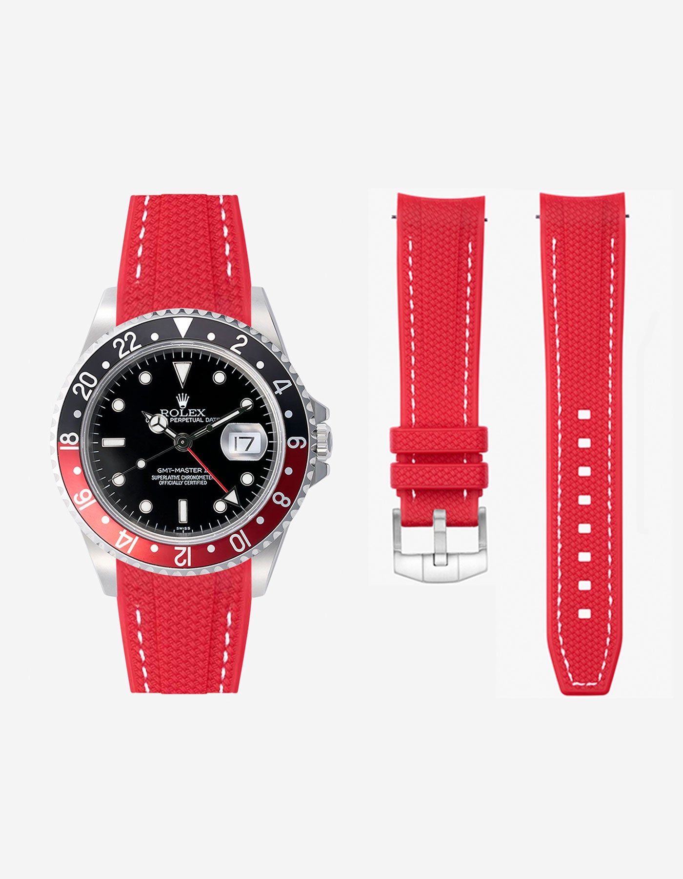 Rolex Coke Steel GMT Master with red strap and black dial on a white background