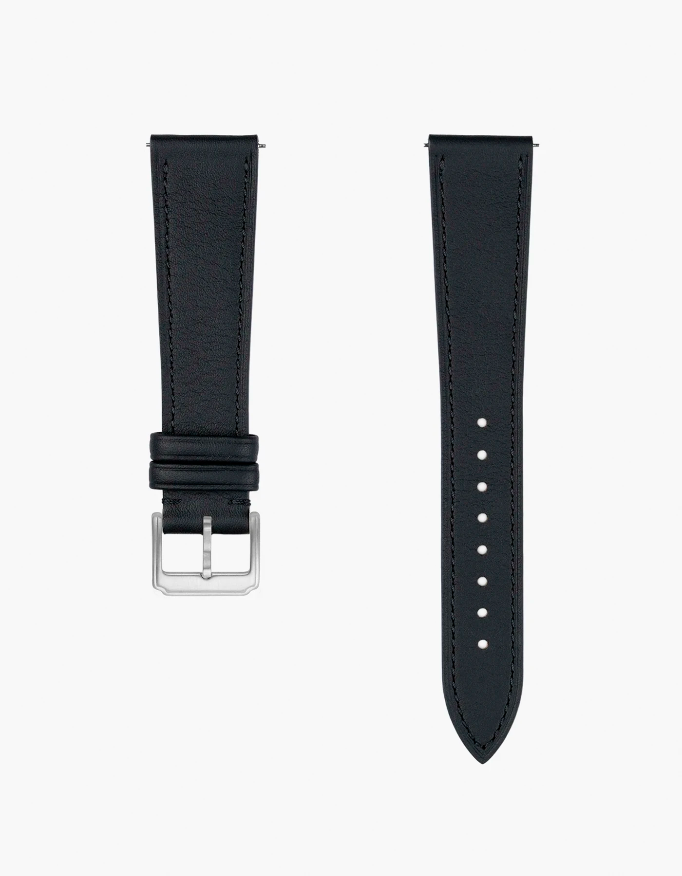black leather watch strap from Wristbuddys in calfskin with a white background side by side with a steel buckle