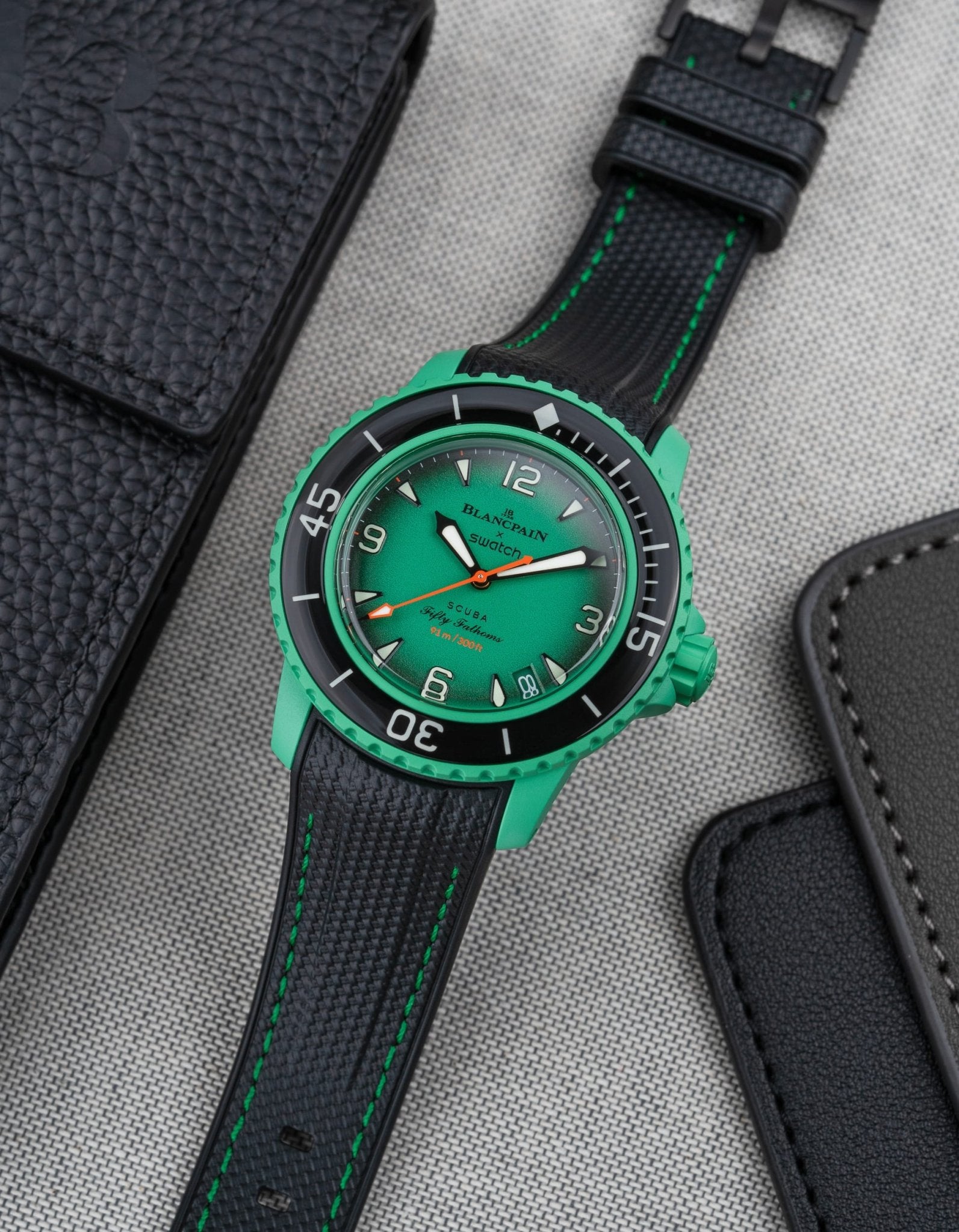 Curved Premium Rubber Strap for Blancpain X Swatch - Black & Green Stitches - Wristbuddys