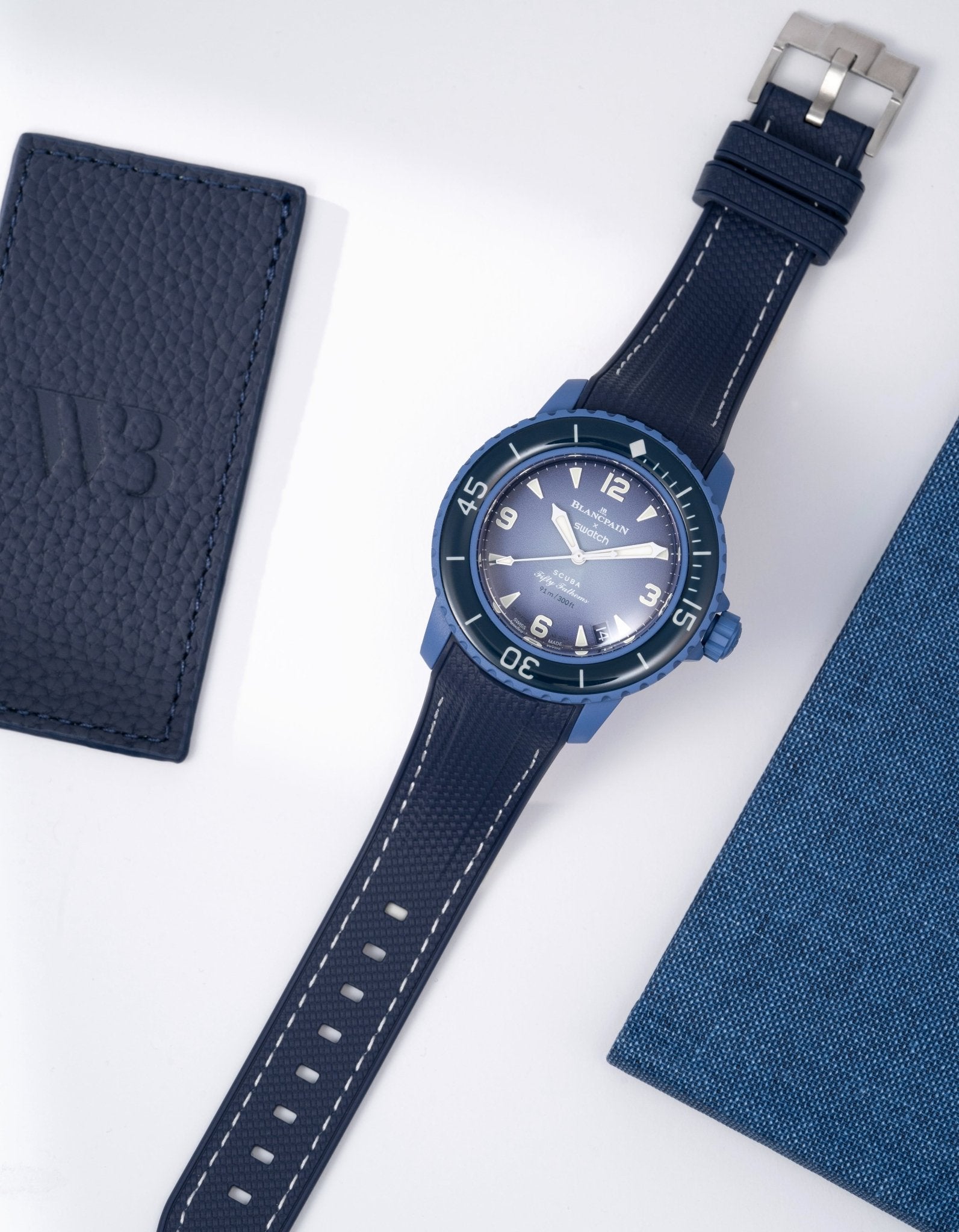 Curved Premium Rubber Strap for Blancpain X Swatch - Navy Blue & White Stitches - Wristbuddys