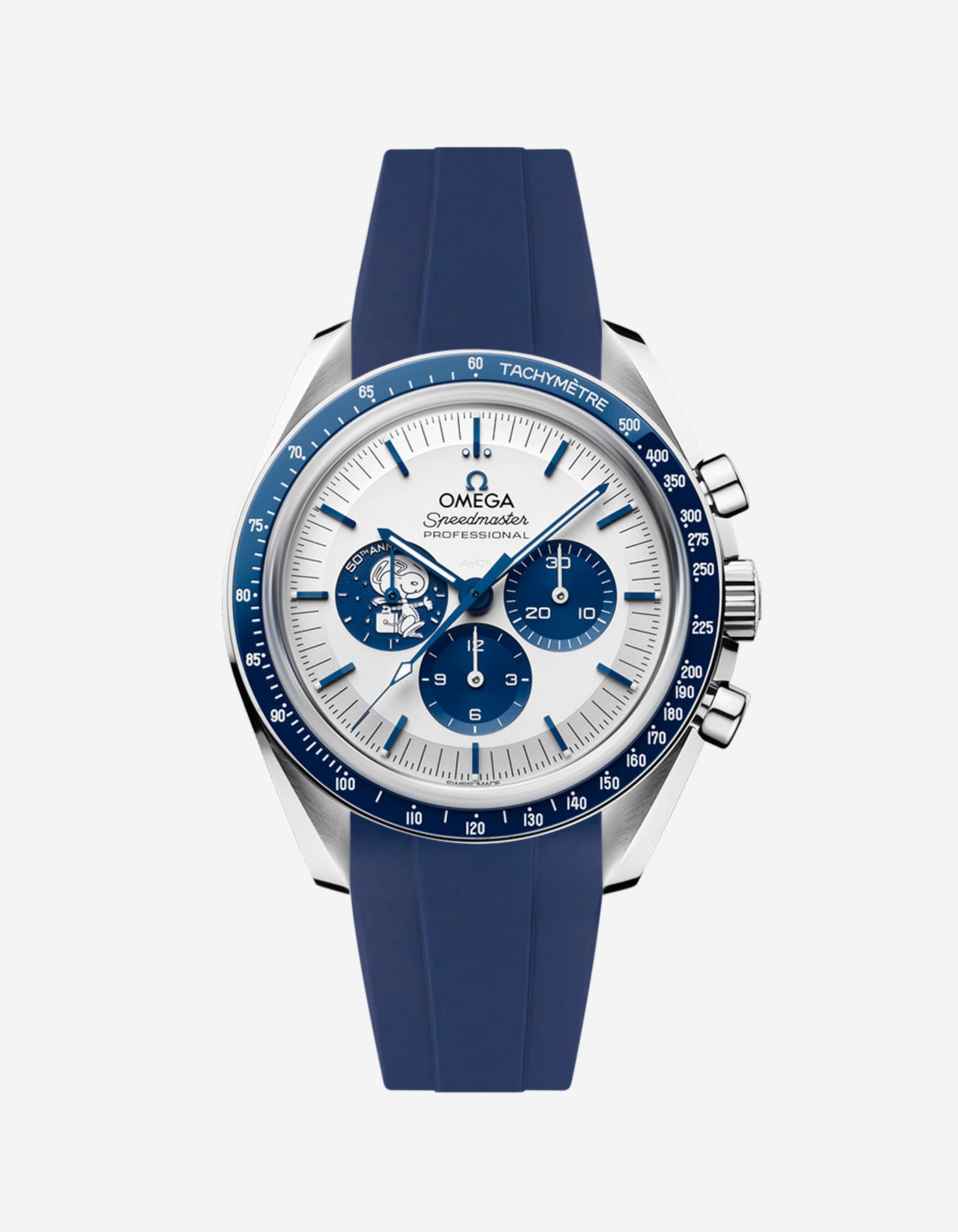 Omega Speedmaster Snoopy watch with blue FKM rubber watch strap and face on a white background
