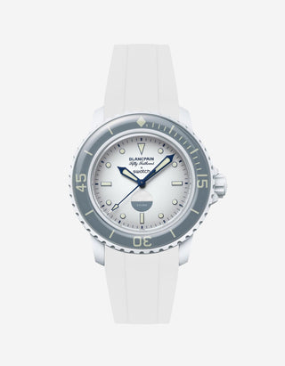 Front view of Blancpain X Swatch Antarctic Ocean with white rubber strap fitted on the watch