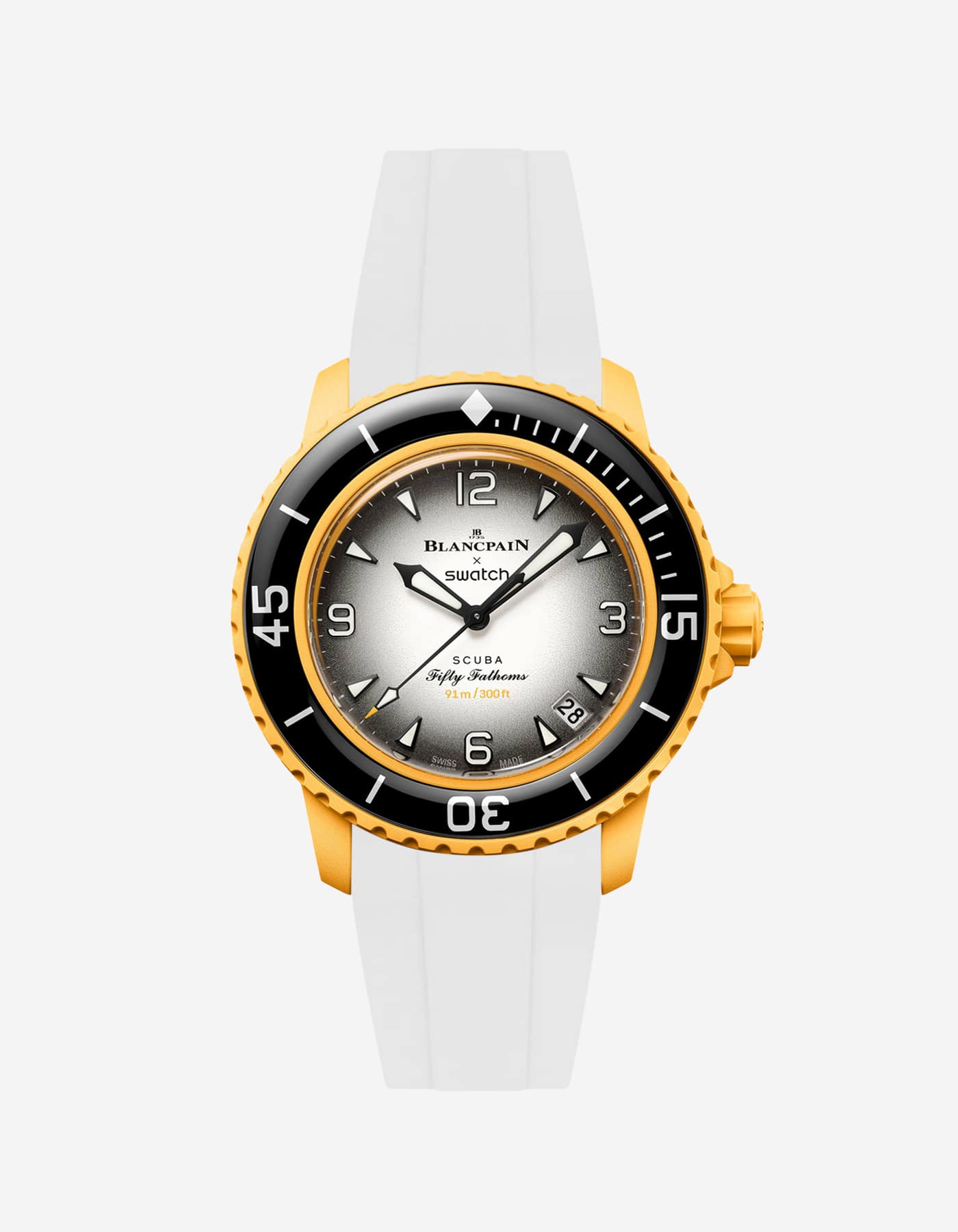Blancpain Swatch Pacific Ocean diver watch shown with white rubber strap attached